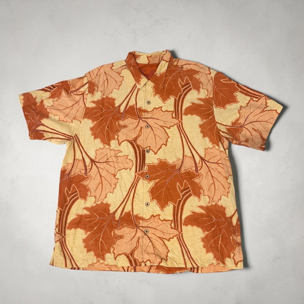 Tommy Bahama Mens XL Silk Maple Leaf Fall Button Up Camp Shirt Orange yellow